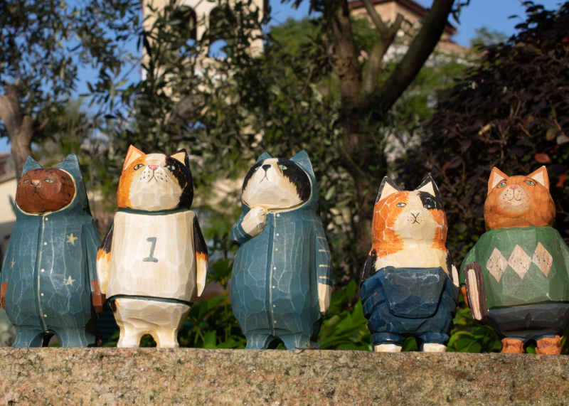Playful and quirky hand-carved wooden cat figurines from The Chill Guys collection, blending farmhouse and Japanese Amekaji styles.