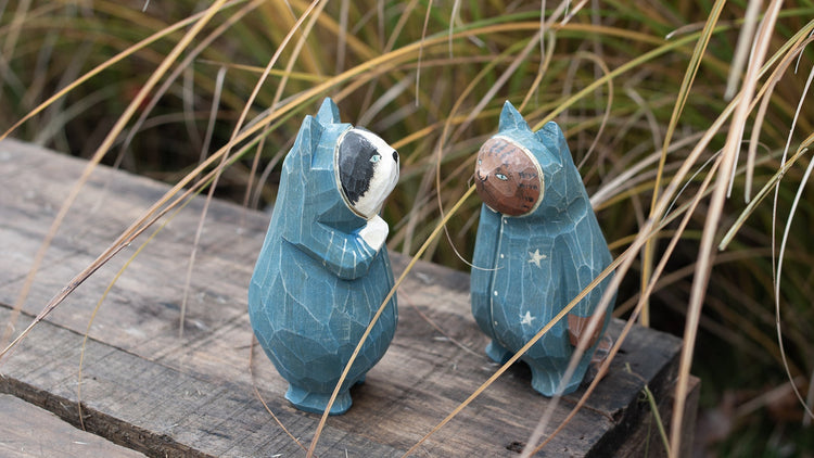 Playful and quirky hand-carved wooden cat figurines from The Chill Guys collection, blending farmhouse and Japanese Amekaji styles.