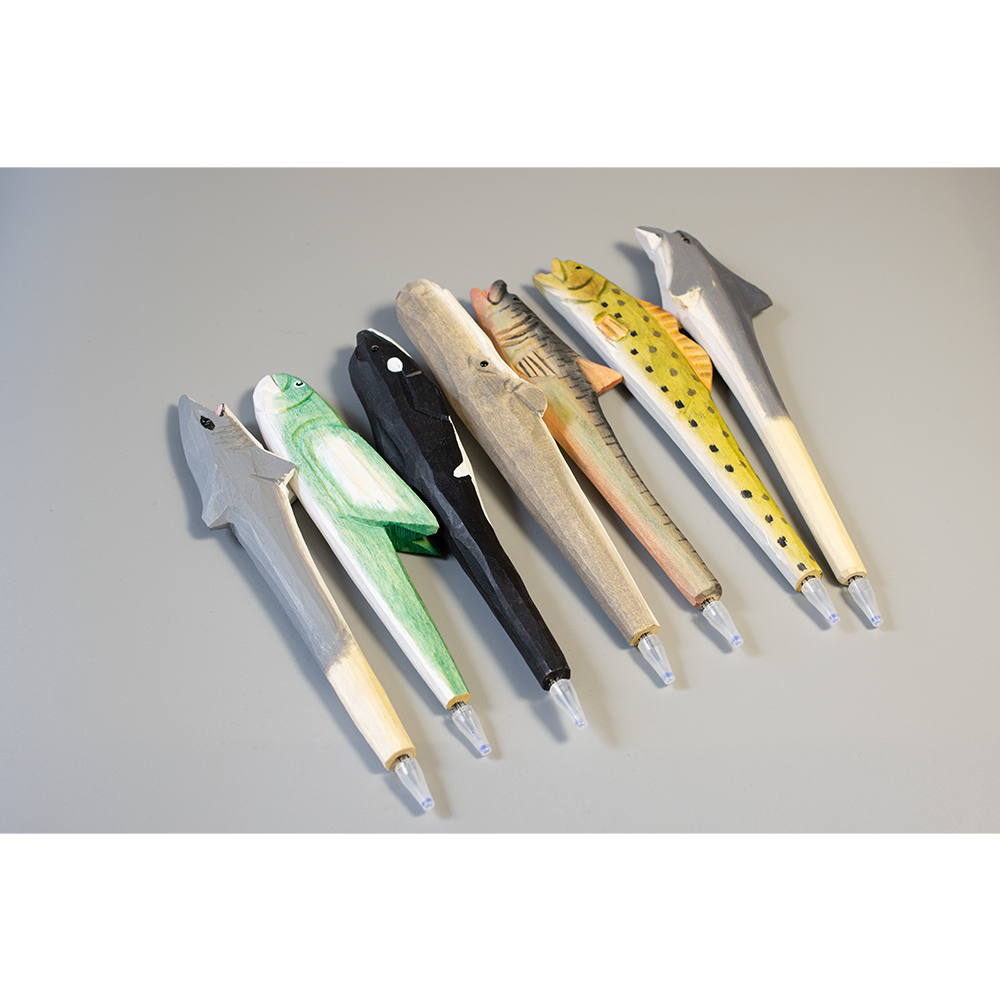 Set of fish-shaped pens on a gray background