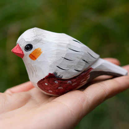 Hand-carved wooden figurine of a australian zebra finch,  ideal for nature enjoyer and bird fans