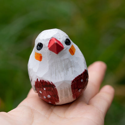 Hand-carved wooden figurine of a australian zebra finch,  ideal for nature enjoyer and bird fans