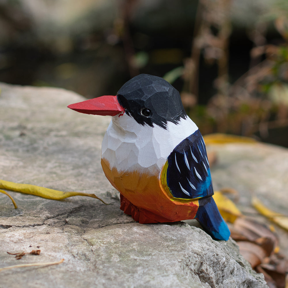 Hand-carved wooden figurine of a Black-Capped Kingfisher, an ornament great for home decor and gifts. 