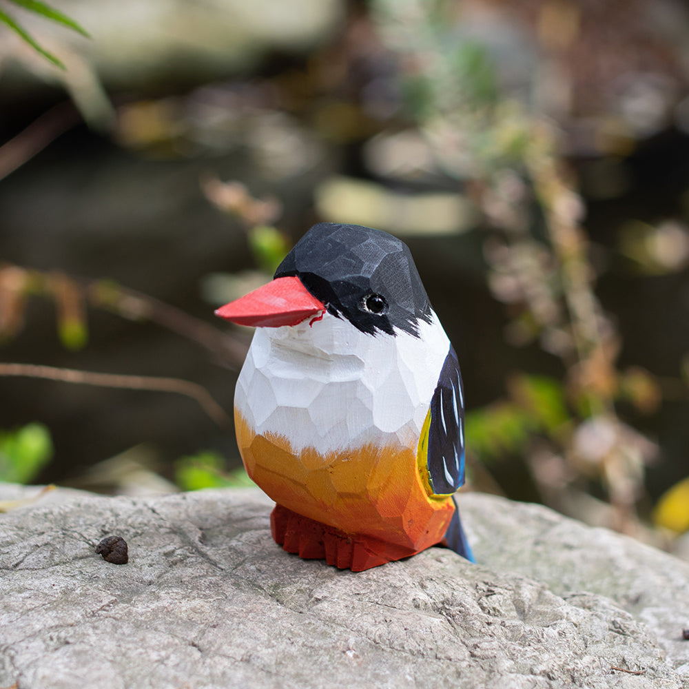 Hand-carved wooden figurine of a Black-Capped Kingfisher, an ornament great for home decor and gifts. 