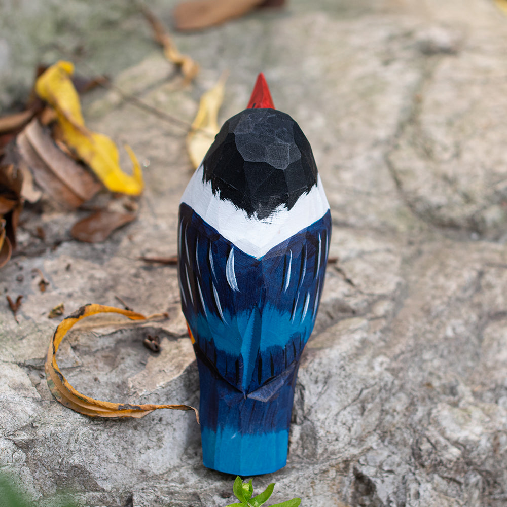 Hand-carved wooden figurine of a Black-Capped Kingfisher, an ornament great for home decor and gifts. 