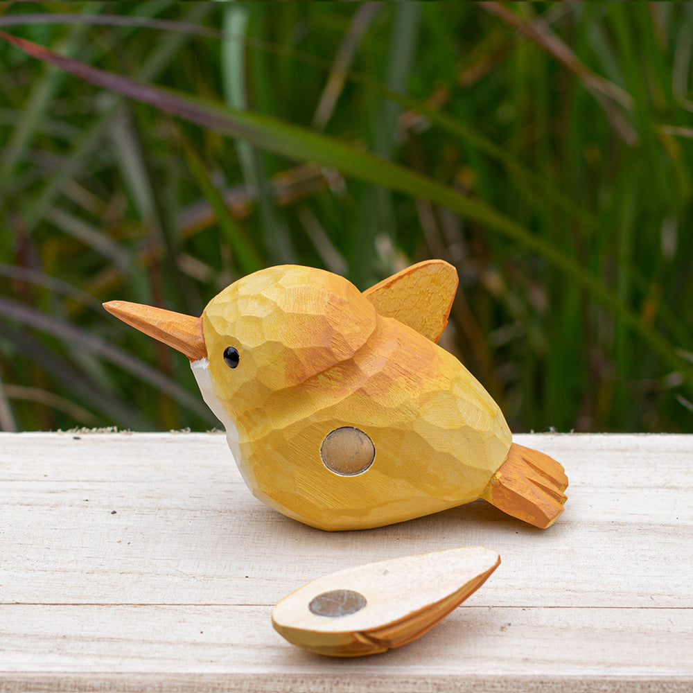 Hand-carved wooden robin figurine with earthy red and brown accents, designed for bird lovers.