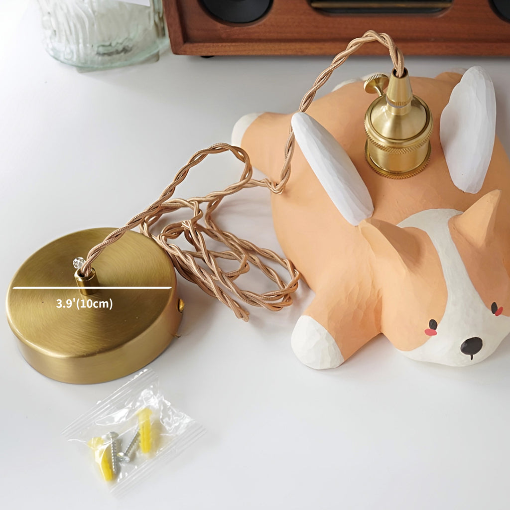 Hand-carved wooden corgi pendant light, available as a ceiling-mounted or plug-in wood pendant lamp, crafted from natural wood.