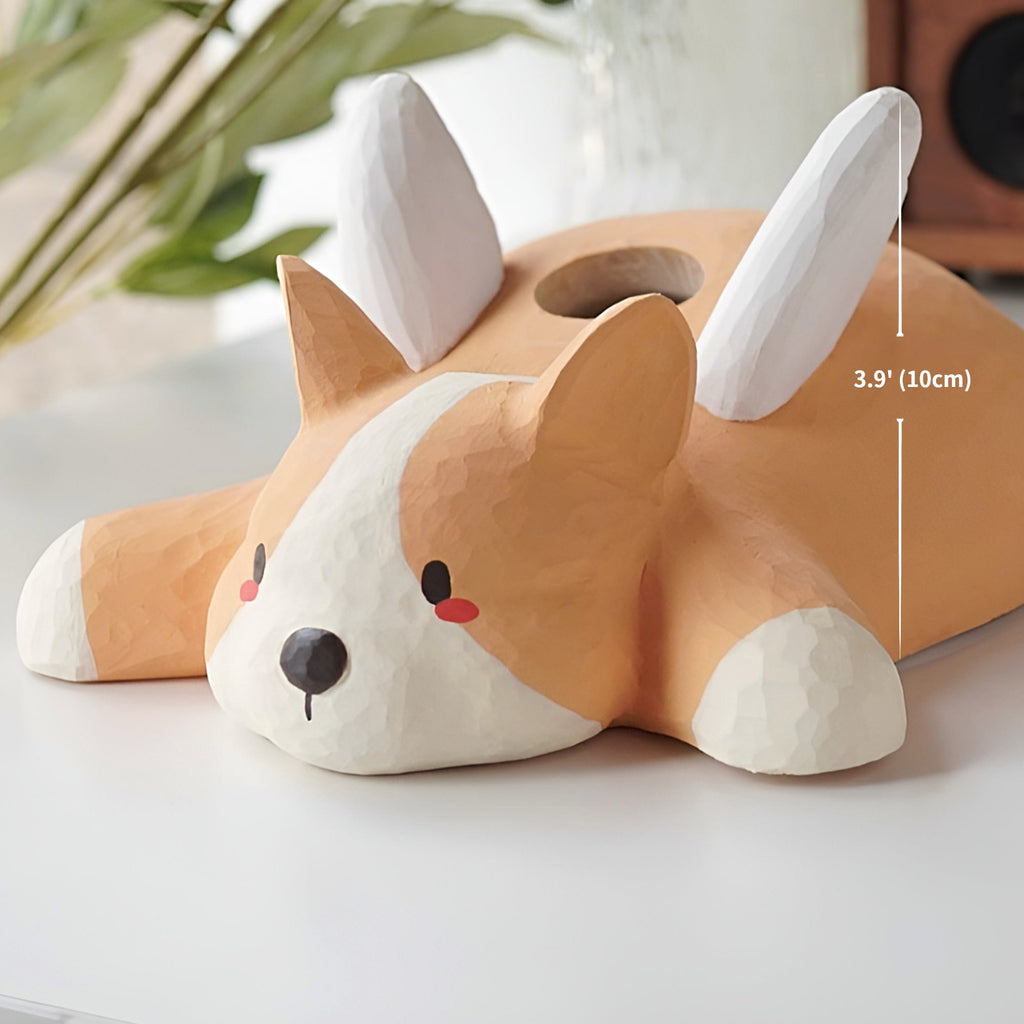 Hand-carved wooden corgi pendant light, available as a ceiling-mounted or plug-in wood pendant lamp, crafted from natural wood.