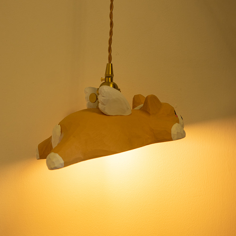 Hand-carved wooden corgi pendant light, available as a ceiling-mounted or plug-in wood pendant lamp, crafted from natural wood.