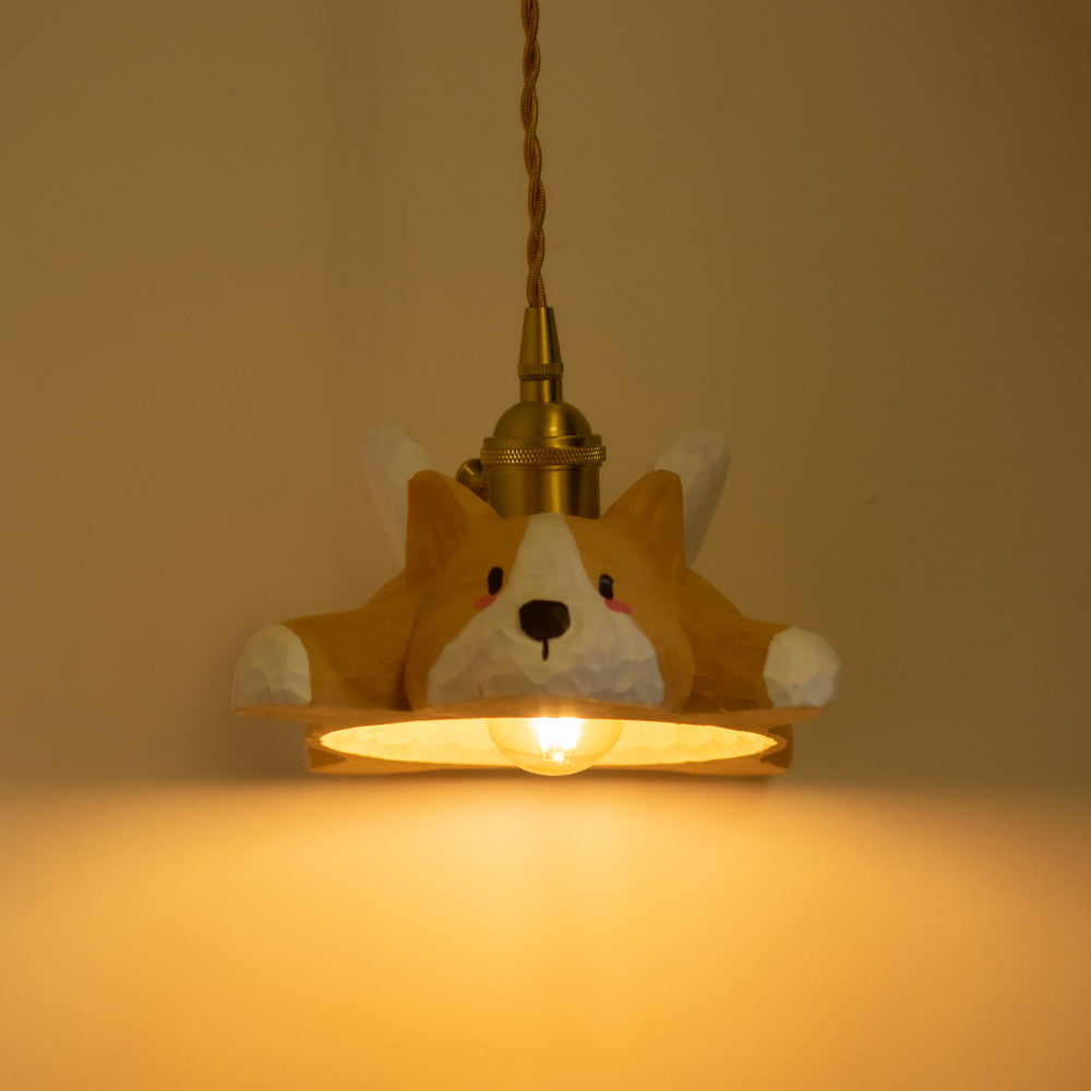 Hand-carved wooden corgi pendant light, available as a ceiling-mounted or plug-in wood pendant lamp, crafted from natural wood.