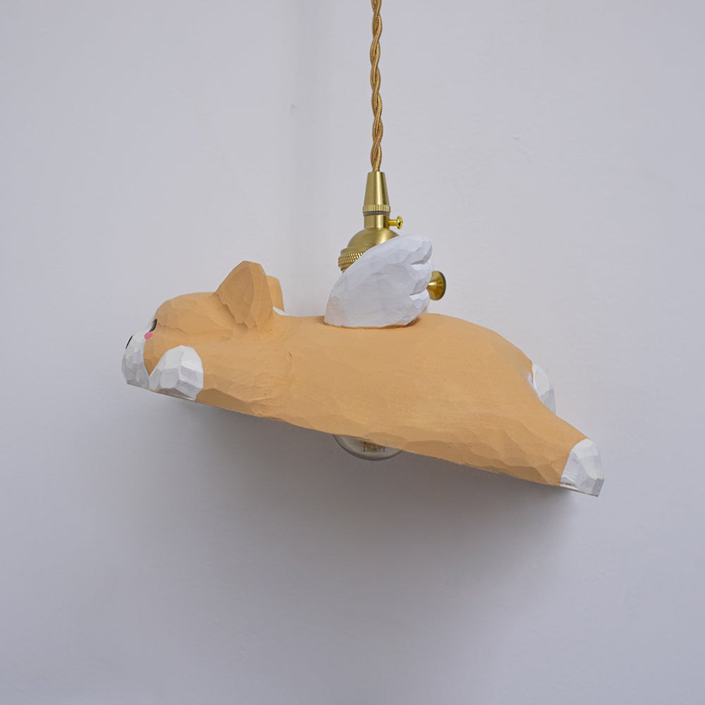 Hand-carved wooden corgi pendant light, available as a ceiling-mounted or plug-in wood pendant lamp, crafted from natural wood.