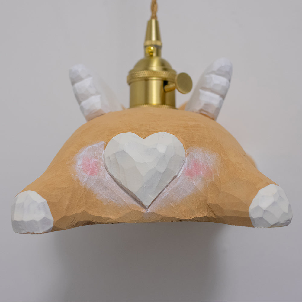 Hand-carved wooden corgi pendant light, available as a ceiling-mounted or plug-in wood pendant lamp, crafted from natural wood.