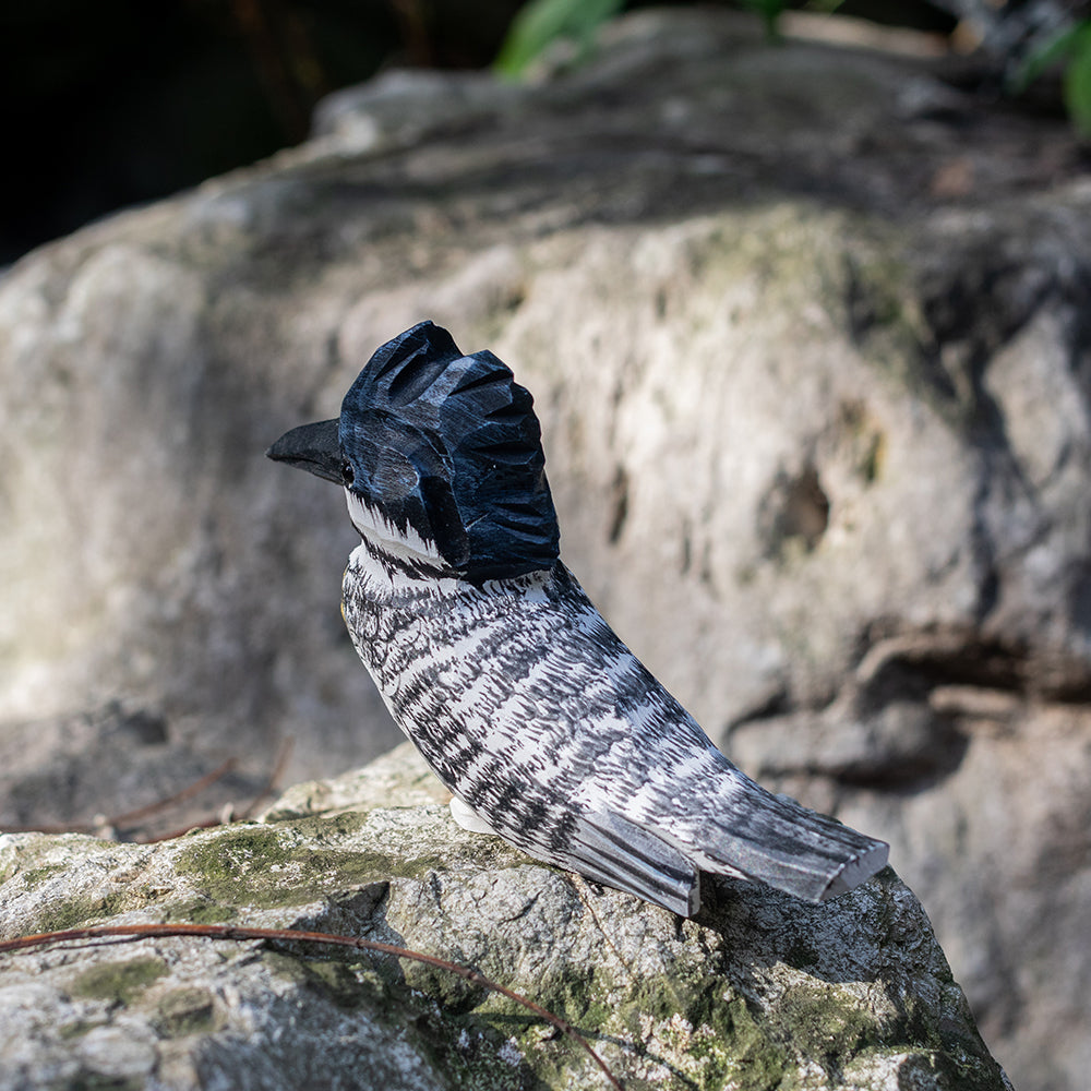 Hand-carved wooden figurine of a Crested Kingfisher, an ornament great for home decor and gifts. Free shipping over $69.