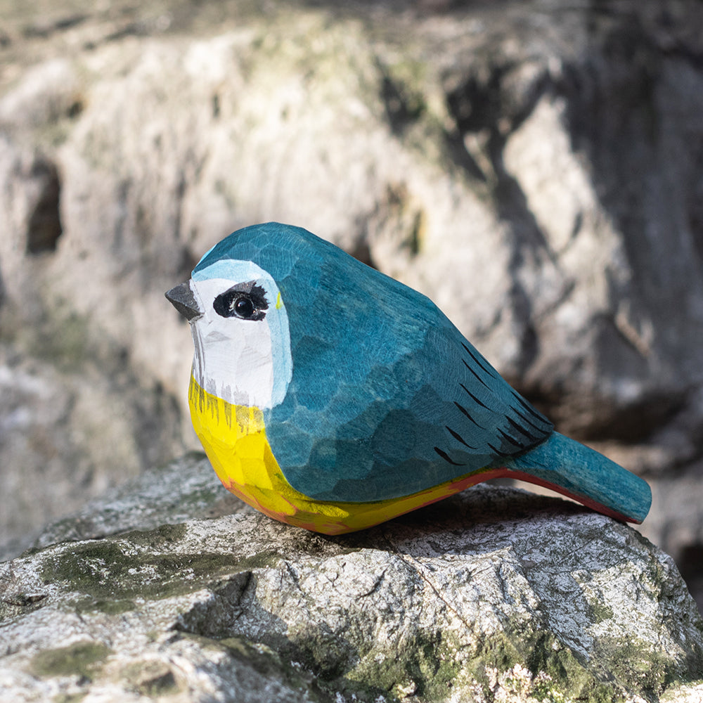 Hand-carved wooden figurine of a Eurasian Blue Tit, an ornament great for home decor and gifts. Free shipping over $69.