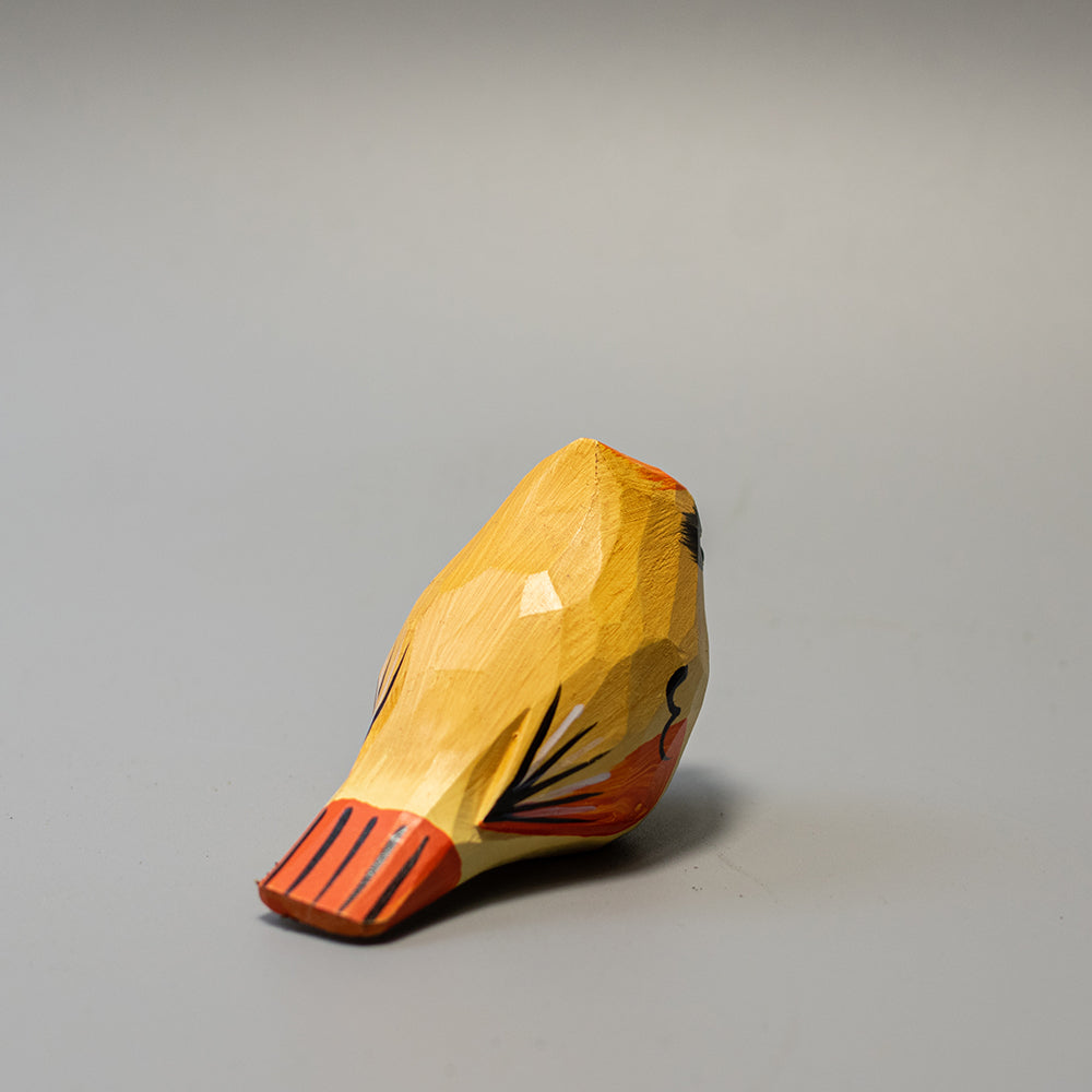 Hand-carved wooden Female Cardinal figurine in soft olive-brown with reddish accents and crest. A graceful wood bird figure. 