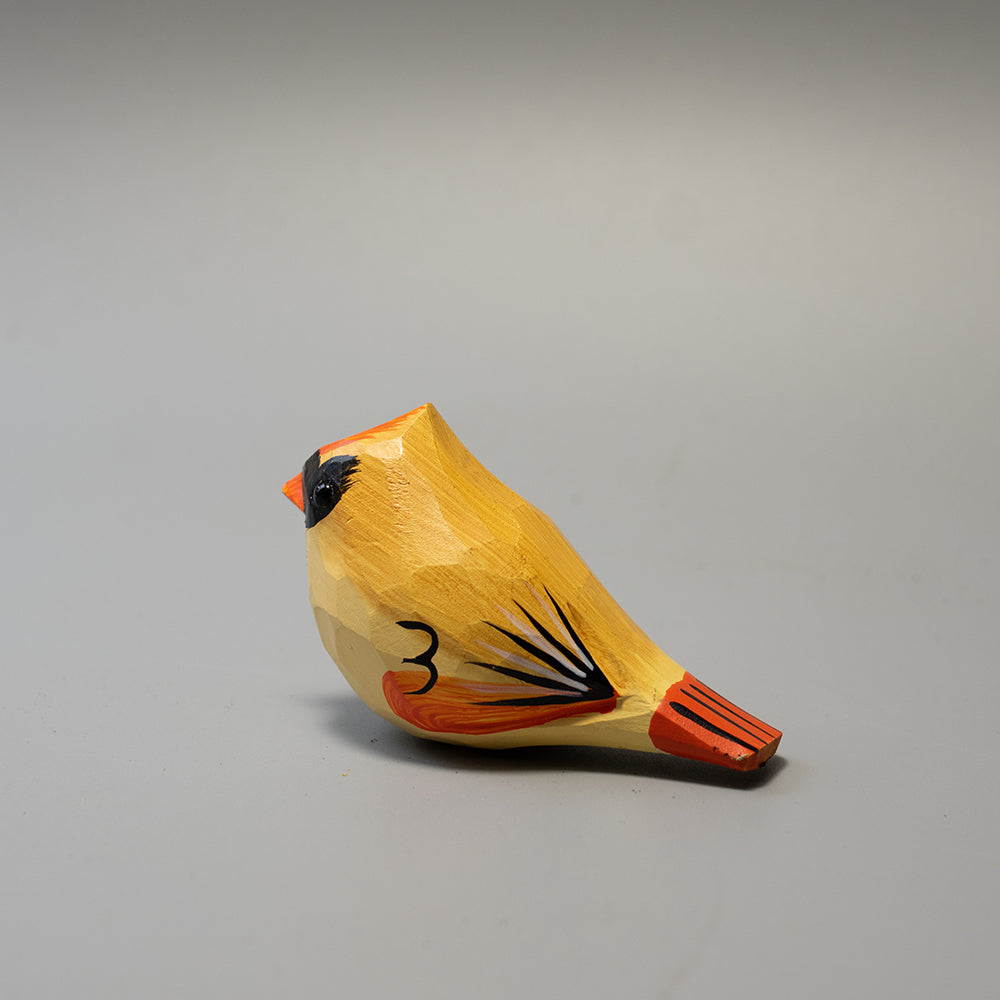 Hand-carved wooden Female Cardinal figurine in soft olive-brown with reddish accents and crest. A graceful wood bird figure. 