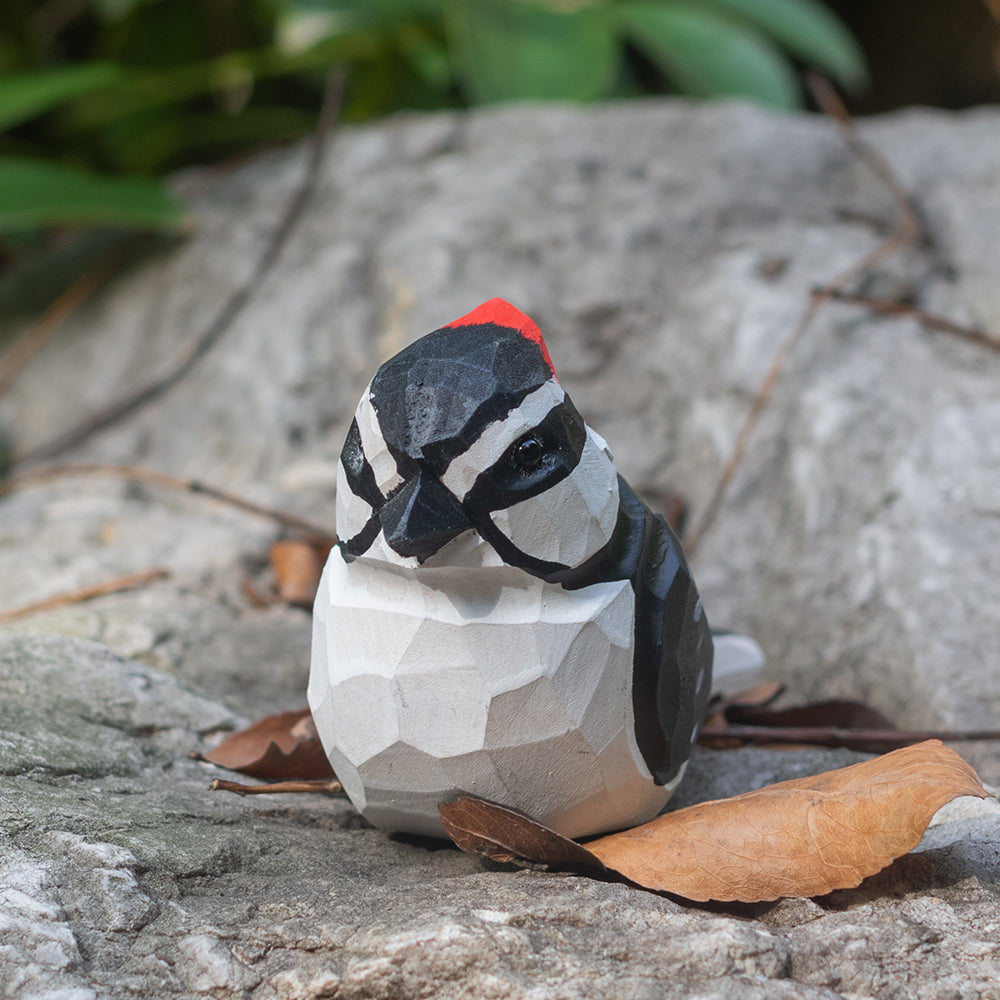 Hand-carved wooden figurine of a Great Spotted Woodpecker, an ornament great for home decor and gifts. 