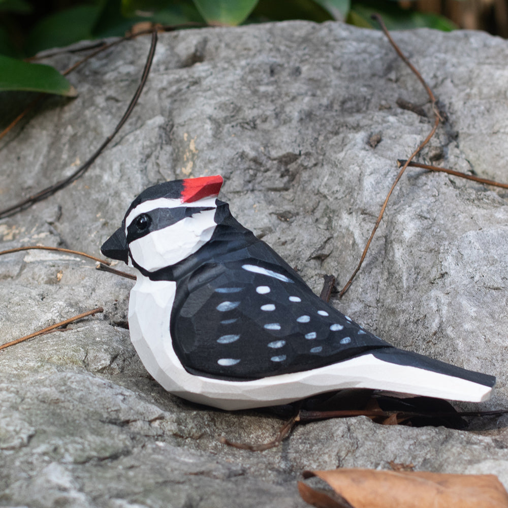 Hand-carved wooden figurine of a Great Spotted Woodpecker, an ornament great for home decor and gifts. 