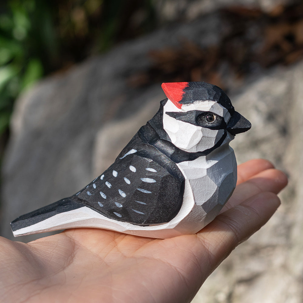 Hand-carved wooden figurine of a Great Spotted Woodpecker, an ornament great for home decor and gifts. 