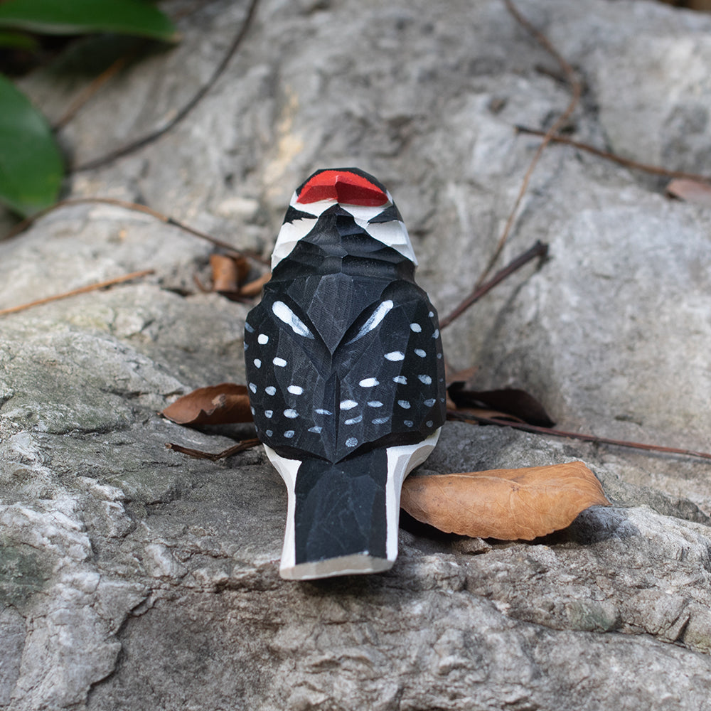 Hand-carved wooden figurine of a Great Spotted Woodpecker, an ornament great for home decor and gifts. 