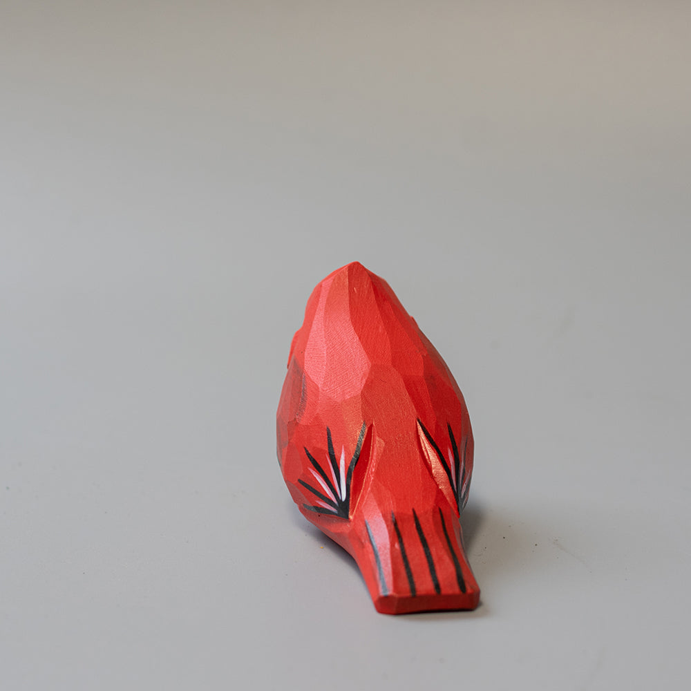 Hand-carved wooden Male Cardinal figurine in brilliant red with black mask and crest. A striking wood bird figure. 