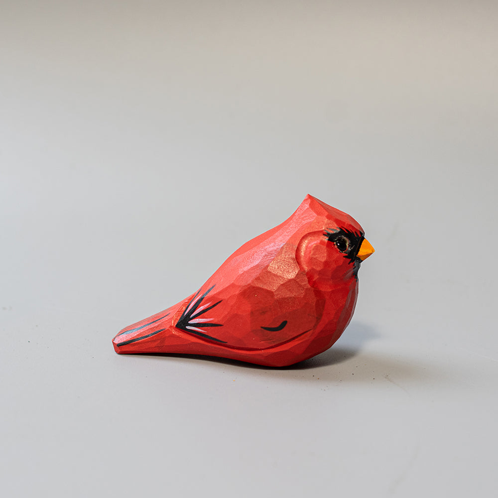 Hand-carved wooden Male Cardinal figurine in brilliant red with black mask and crest. A striking wood bird figure. 