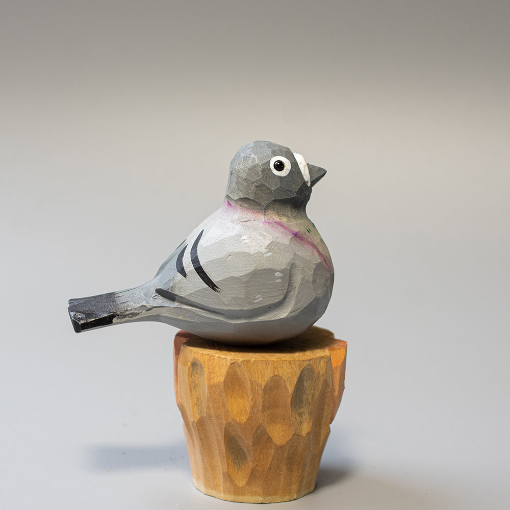Hand-carved wooden Pigeon figurine in grey with white cere and subtle neck colors. 
