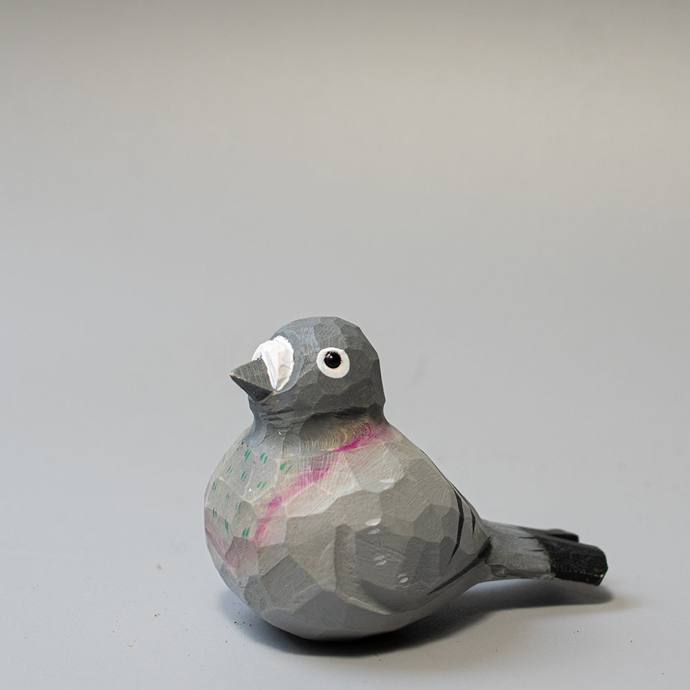Hand-carved wooden Pigeon figurine in grey with white cere and subtle neck colors. 