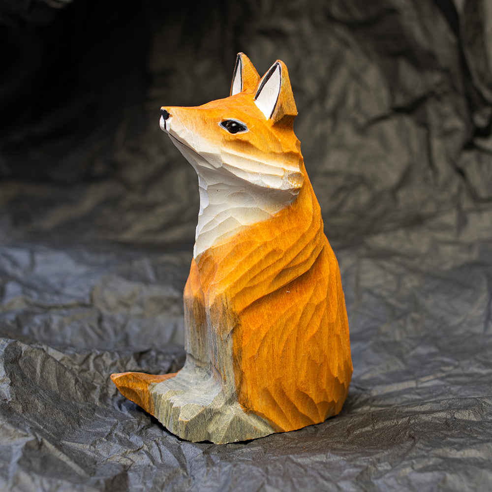 Hand-Carved wood fox figurine,  an ornament great for home decor and gifts. 