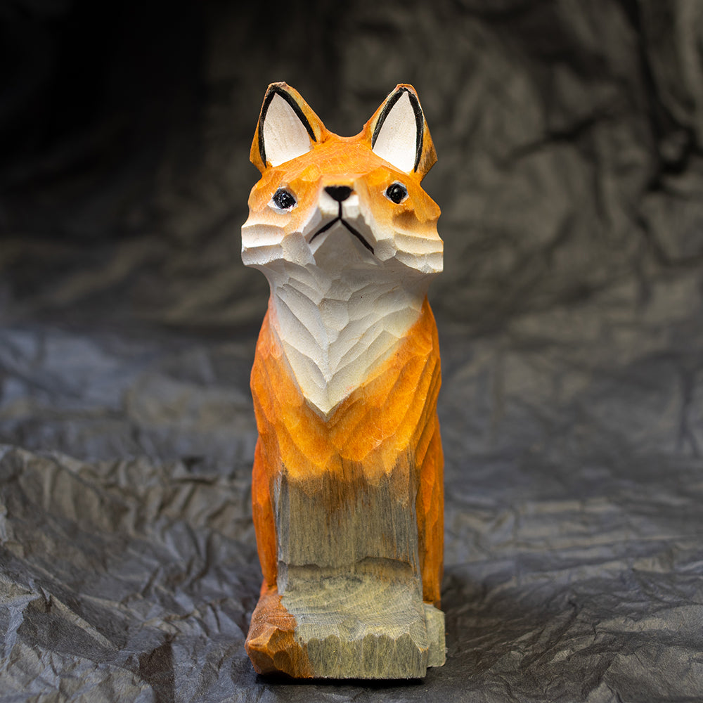 Hand-Carved wood fox figurine,  an ornament great for home decor and gifts. 
