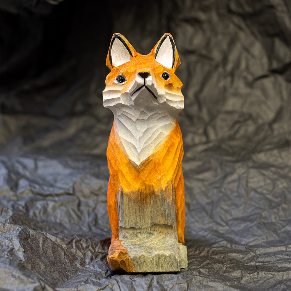 Hand-Carved wood fox figurine,  an ornament great for home decor and gifts. 