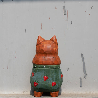 Hand carved wood figurine of a berry-themed baron cat. Unique carved wood figure, traditional wood art, detailed wooden figurine, high quality wood carving.