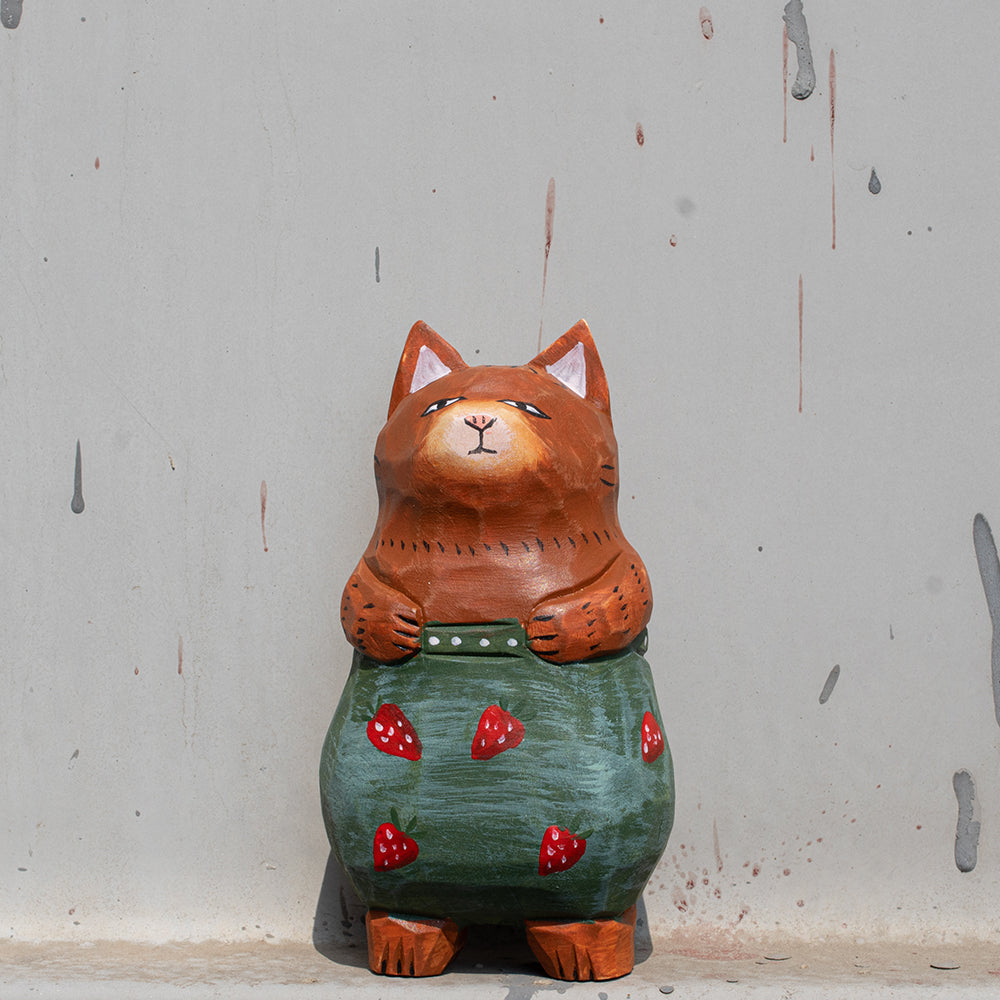 Hand carved wood figurine of a berry-themed baron cat. Unique carved wood figure, traditional wood art, detailed wooden figurine, high quality wood carving.