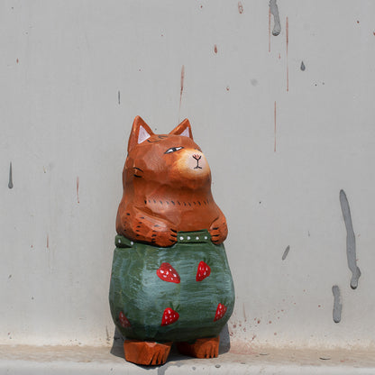 Hand carved wood figurine of a berry-themed baron cat. Unique carved wood figure, traditional wood art, detailed wooden figurine, high quality wood carving.