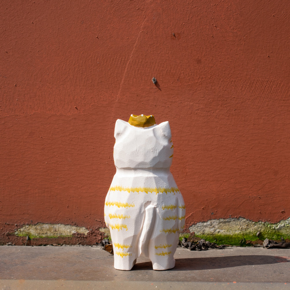 Hand carved wood figure of a white tabby cat with a crown. Unique wood figure, detailed wood carving, wooden animal figurine, high quality wood art.