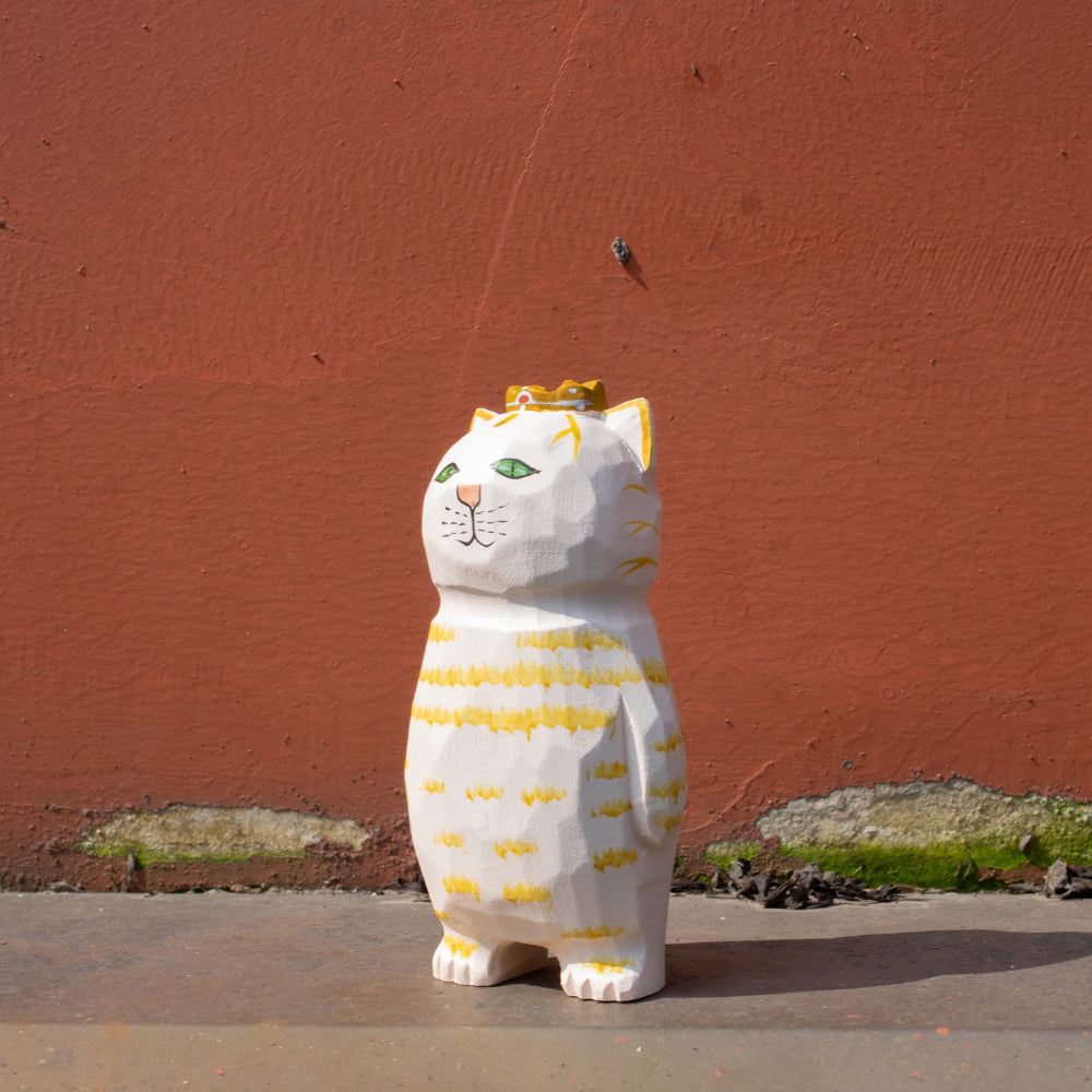 Hand carved wood figure of a white tabby cat with a crown. Unique wood figure, detailed wood carving, wooden animal figurine, high quality wood art.