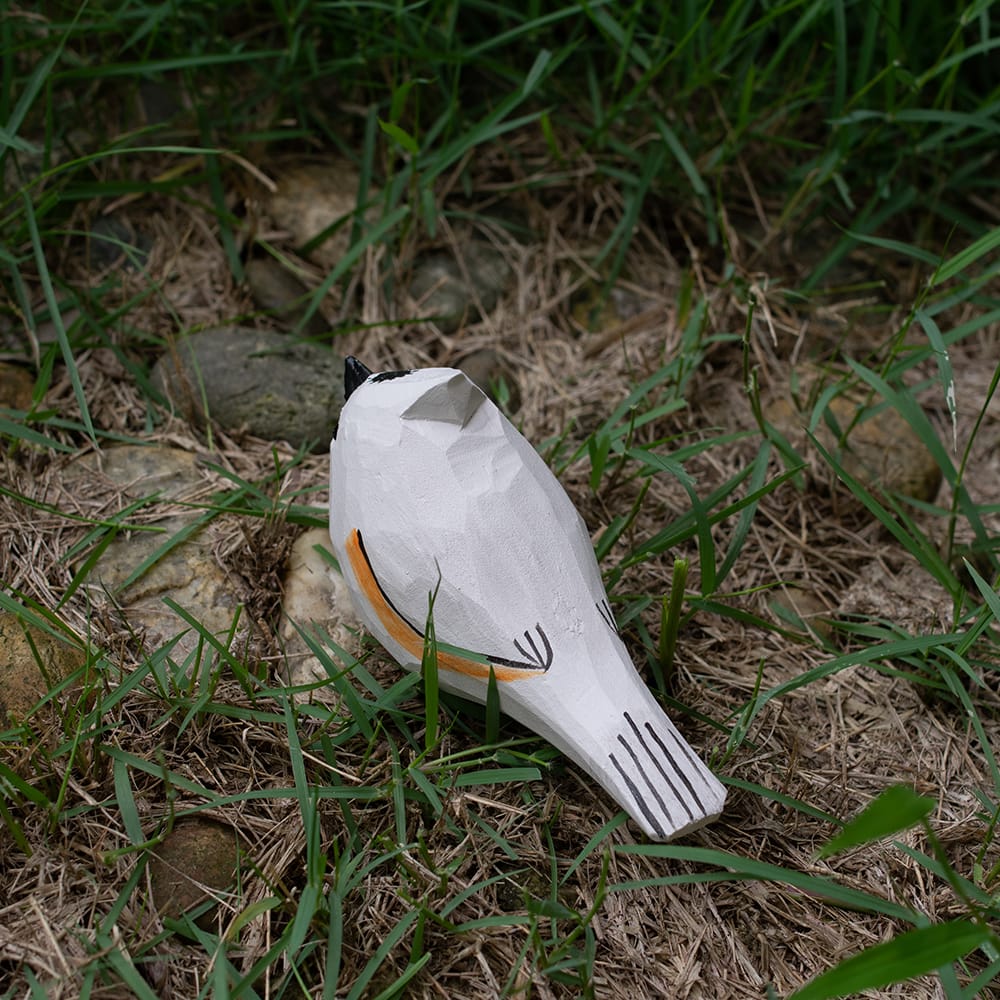 Wooden tufted titmouse sitting on grass