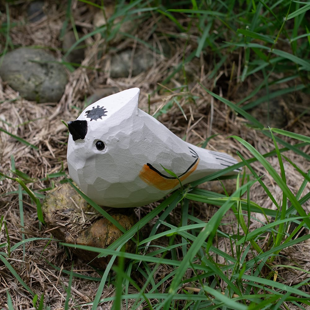 Wooden tufted titmouse sitting on grass