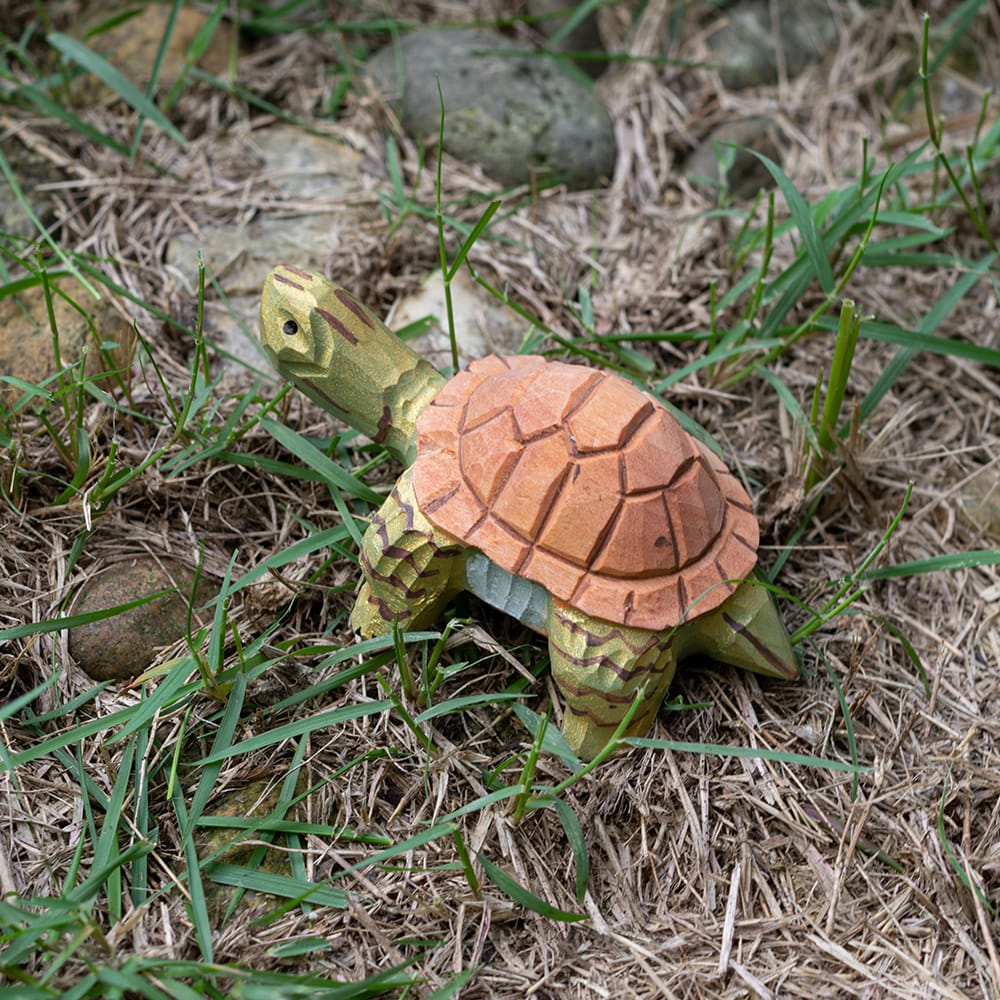 Wooden turtle figurine on grass