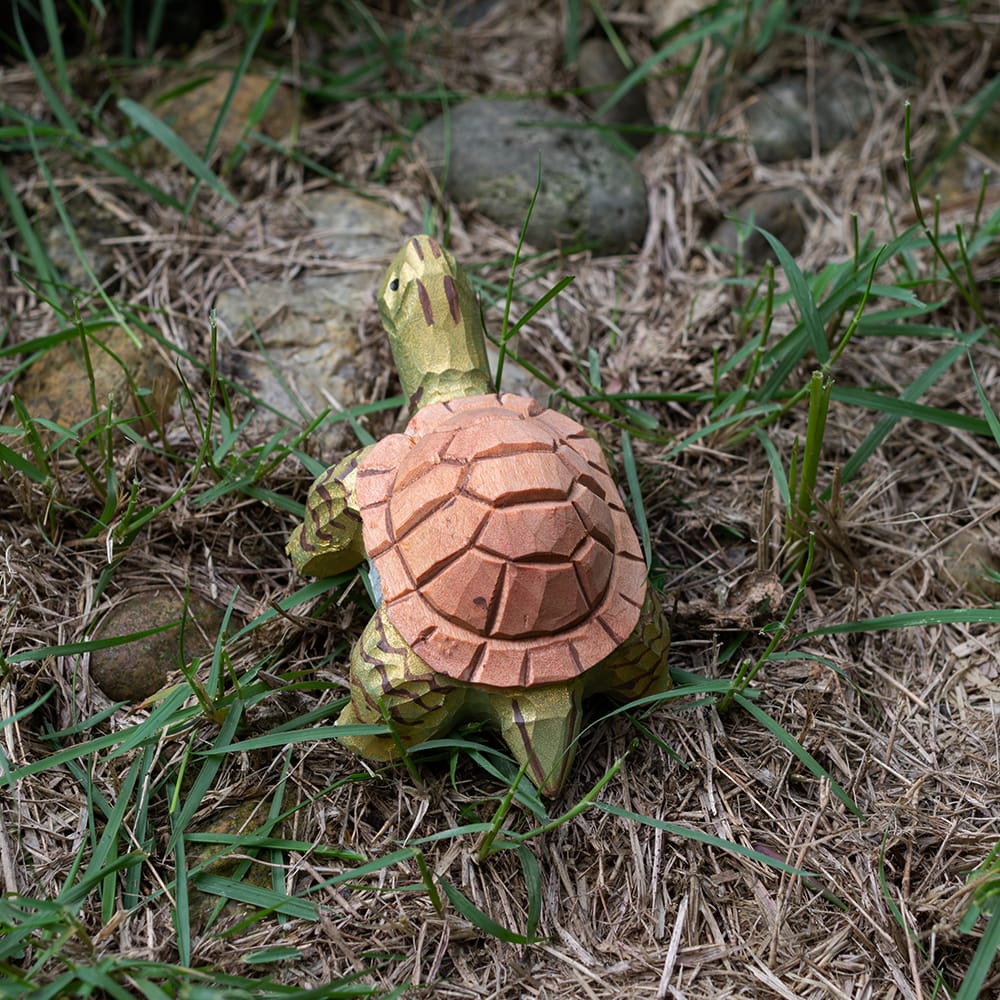 Wooden turtle figurine on grass