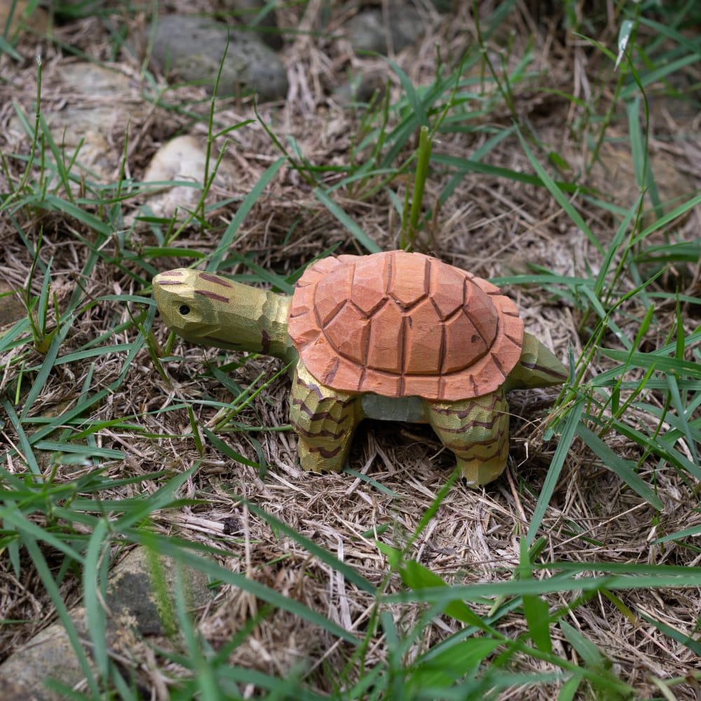 Wooden turtle figurine on grass