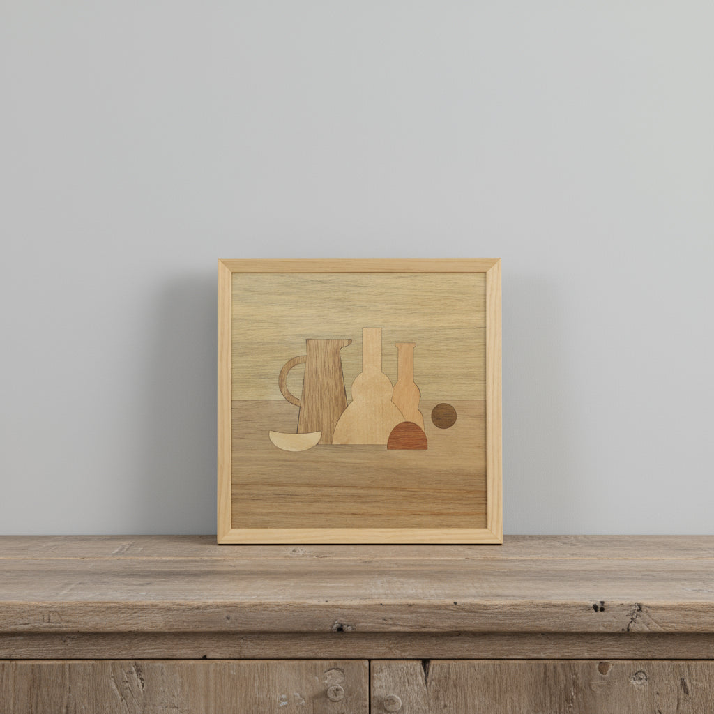 A square wood inlay (marquetry) art piece titled "Morandi's Vases," depicting three stylized vases in various natural wood tones, set in a light pine frame.