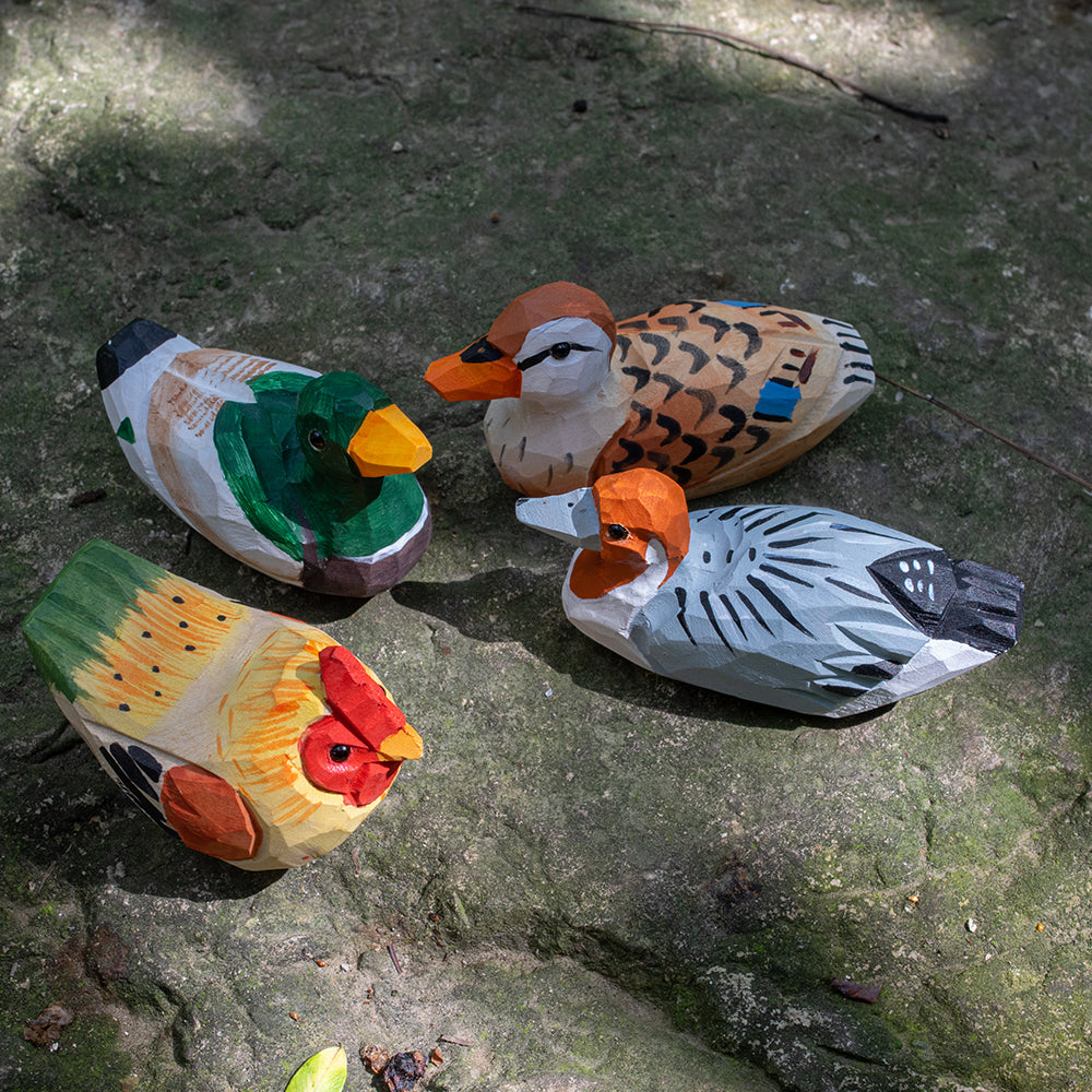 A set of hand-carved wooden bird figurines, including a barnyard hen, mallard duck, spotbilled duck, and redhead duck. 