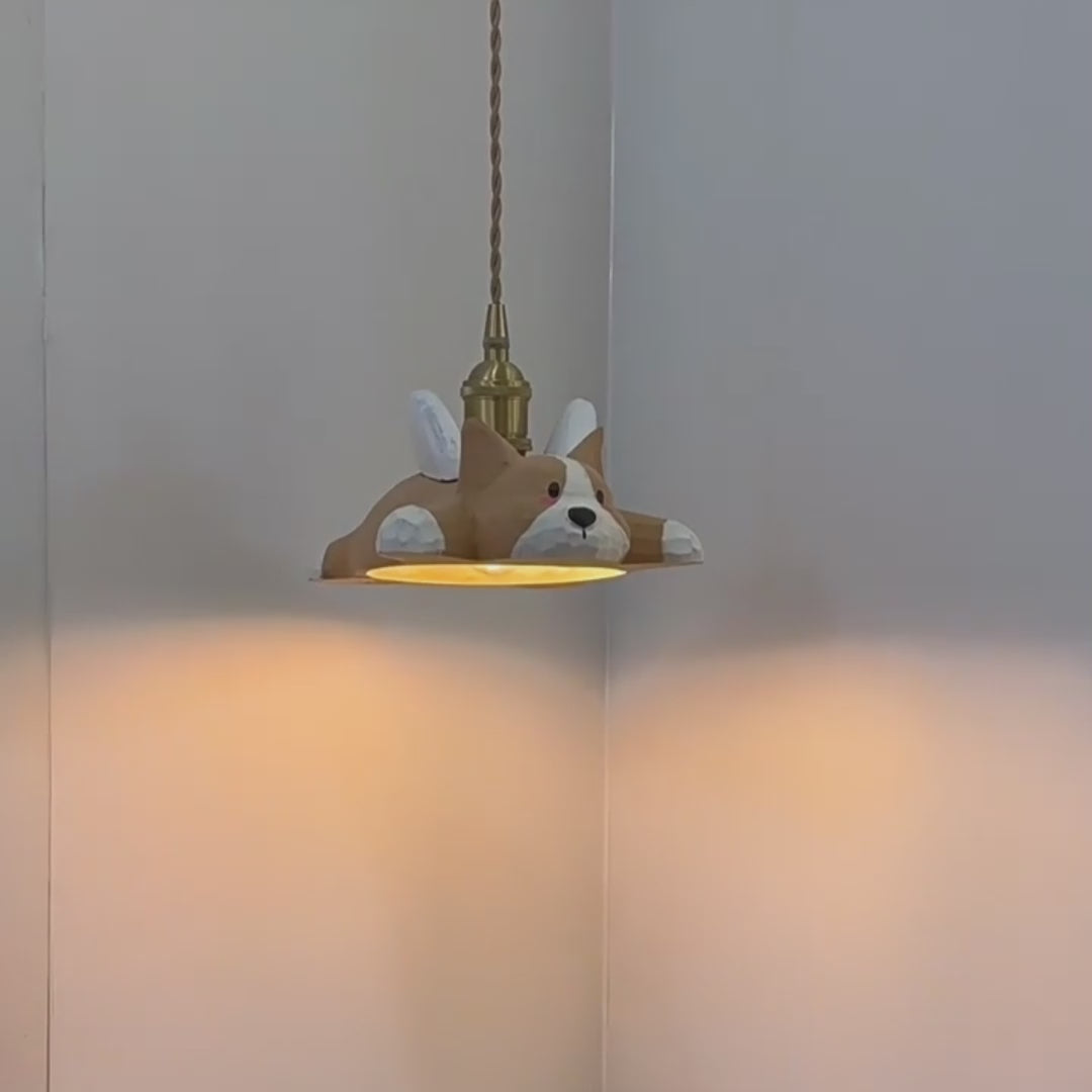 Hand-carved wooden corgi pendant light, available as a ceiling-mounted or plug-in wood pendant lamp, crafted from natural wood.